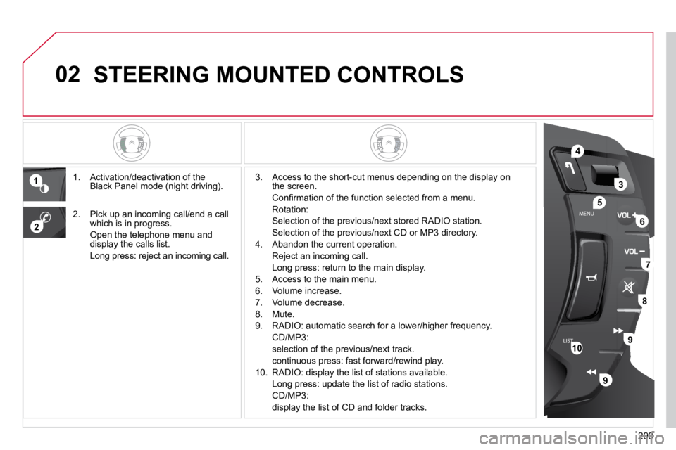 CITROEN C5 2007  Owners Manual 299
02
LISTMENU
1
2
4
3
5
6
7
8
9
9
10
 STEERING MOUNTED CONTROLS 
�1�.� �  �A�c�t�i�v�a�t�i�o�n�/�d�e�a�c�t�i�v�a�t�i�o�n� �o�f� �t�h�e� �B�l�a�c�k� �P�a�n�e�l� �m�o�d�e� �(�n�i�g�h�t� �d�r�i�v�i�n�g