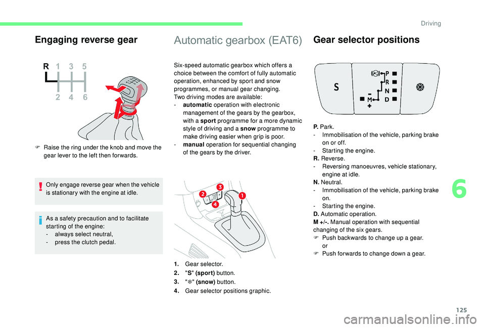 CITROEN C3 AIRCROSS 2020 Owners Manual 125
Engaging reverse gear
F Raise the ring under the knob and move the gear lever to the left then for wards.
Only engage reverse gear when the vehicle
is stationary with the engine at idle.
As a saf CITROEN C3 AIRCROSS 2020 Owners Manual 125
Engaging reverse gear
F Raise the ring under the knob and move the gear lever to the left then for wards.
Only engage reverse gear when the vehicle
is stationary with the engine at idle.
As a saf
