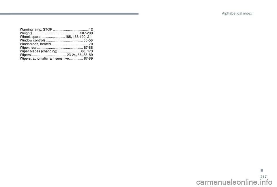 CITROEN C3 AIRCROSS 2018  Owners Manual 217
Warning lamp, STOP ......................................12
We ights ............... ................................... 207-209
Wheel, spare
 .......................... 18

5, 18 8 -19 0 , 2 11
W