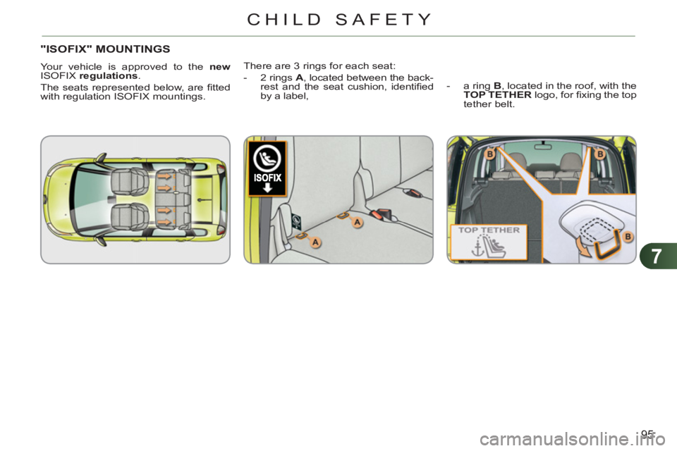 CITROEN C3 PICASSO 2009  Owners Manual 7
95
CHILD SAFETY
"ISOFIX" MOUNTINGS
  Your vehicle is approved to the  new 
  ISOFIX  regulations 
. 
  The seats represented below, are ﬁ tted 
with regulation ISOFIX mountings.   There are 3 ring