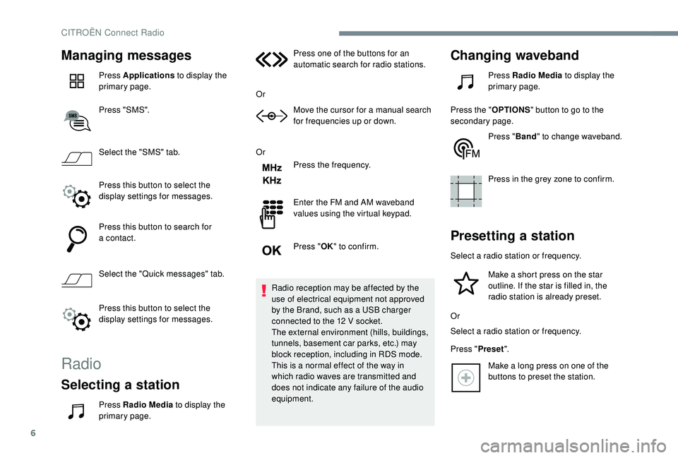 CITROEN C4 PICASSO 2020  Owners Manual 6
Managing messages
Press Applications to display the 
primary page.
Press "SMS".
Select the "SMS" tab.
Press this button to select the 
display settings for messages.
Press this butto