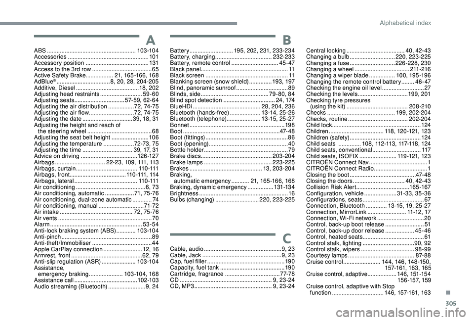 CITROEN C4 PICASSO 2020  Owners Manual 305
ABS .......................................................103 -104
Accessories  .................................................. 101
Accessory position
 

......................................