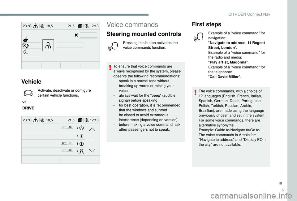 CITROEN C4 PICASSO 2019  Owners Manual 5
12:13
18,5 21,5
23 °C
12:13
18,5 21,5
23 °C
Vehicle
 or  Activate, deactivate or configure 
certain vehicle functions.
Voice commands
Steering mounted controls
Pressing this button activates the 
