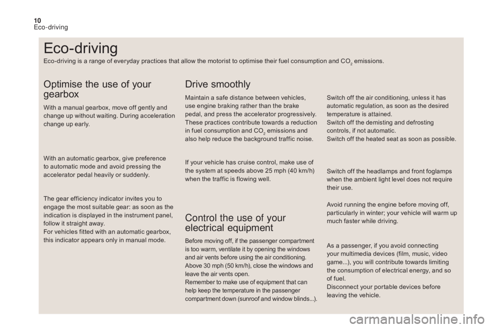CITROEN DS4 2010  Owners Manual 10
As a passenger, if you avoid connecting 
your multimedia devices (film, music, video 
game...), you will contribute towards limiting 
the consumption of electrical energy, and so 
of fuel.
Disconne
