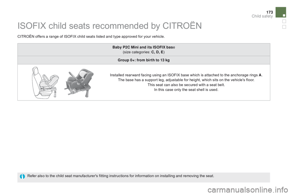 CITROEN DS5 2018  Owners Manual 173
DS5_en_Chap06_securite-enfants_ed01-2015
ISOFIX child seats recommended by CITROËN
CITROËN offers a range of ISOFIX child seats listed and type approved for your vehicle.Refer also to the child 