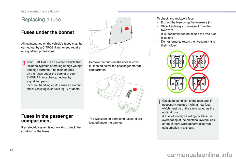 CITROEN E-MEHARI 2023 Owners Manual 70
Replacing a fuse
Fuses under the bonnet
All maintenance on the vehicle's fuses must be
carried out by a
CITROËN authorised repairer
or a
qualified professional.
Your E-MEHARI is an elec CITROEN E-MEHARI 2023 Owners Manual 70
Replacing a fuse
Fuses under the bonnet
All maintenance on the vehicle's fuses must be
carried out by a
CITROËN authorised repairer
or a
qualified professional.
Your E-MEHARI is an elec