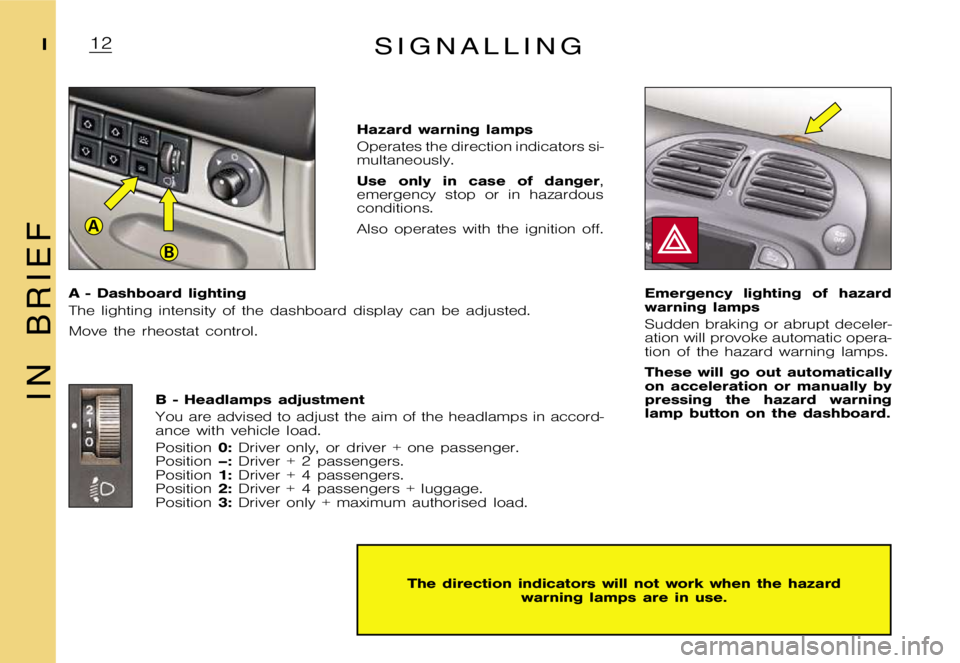 CITROEN XSARA PICASSO 2007  Owners Manual A
B
�1�2�I
�I �N �B �R �I �E �F
�S �i �g �n �a �l �l �i �n �g
�A �- �D�a�s�h�b�o�a�r�d �l�i�g�h�t�i�n�g 
�T�h�e �l�i�g�h�t�i�n�g �i�n�t�e�n�s�i�t�y �o�f �t�h�e �d�a�s�h�b�o�a�r�d �d�i�s�p�l�a�y �c�a�n