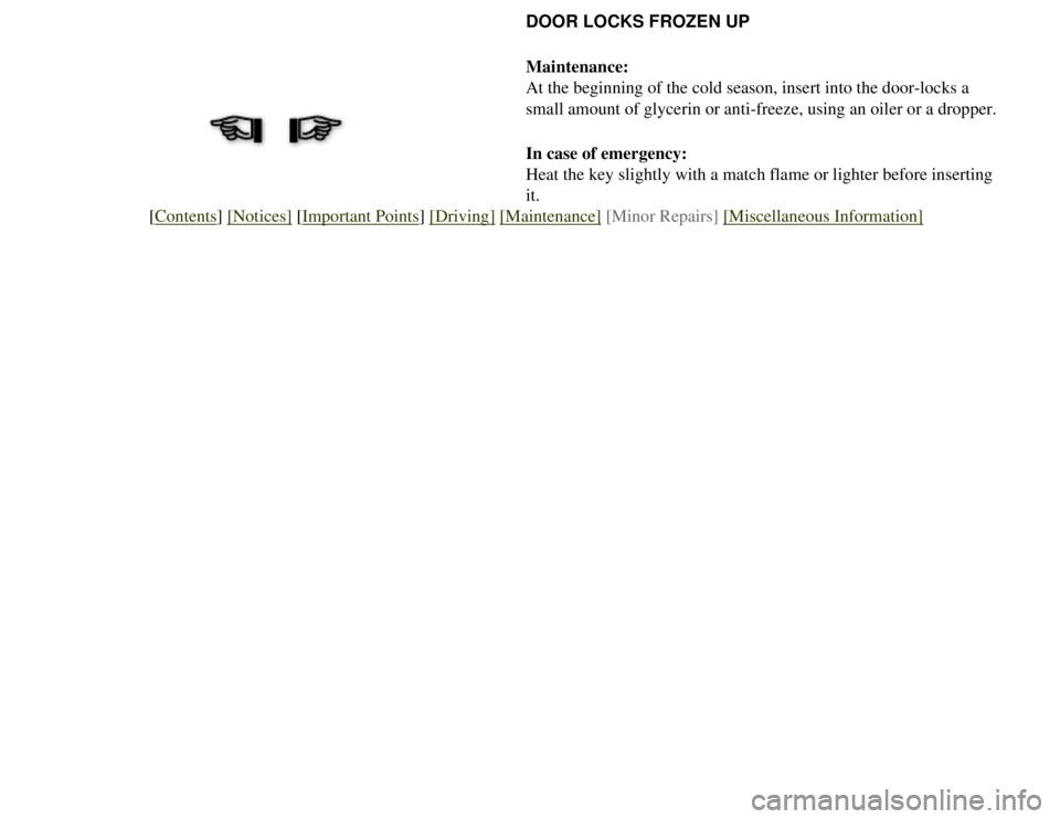 CITROEN 2CV 1975  Owners Manual 
DOOR LOCKS FROZEN UP
Maintenance:
At the beginning of the cold season, insert into the door-locks a 
small amount of glycerin or anti-freeze, using an oiler or a dropper.
In case of emergency:
Heat t