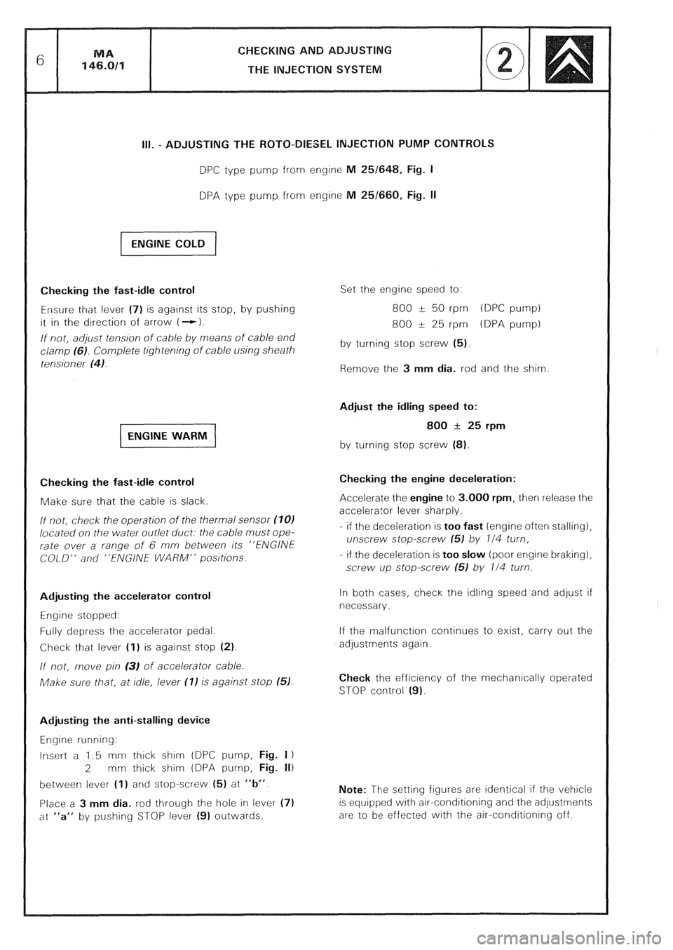 CITROEN CX 1988  Service Manual CHECKING AND ADJUSTING 
THE INJECTION SYSTEM 
III. - ADJUSTING THE ROTO-DIESEL INJECTION PUMP CONTROLS 
DPC type pump from engine M 25/648, Fig. I 
DPA type pump from engine M 25/660, Fig. II 
Checkin