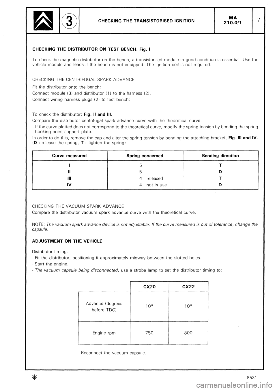 CITROEN CX 1988  Service Manual CHECKING THE TRANSISTORISED IGNITION MA 
210.0/l 7 CHECKING THE DISTRIBUTOR ON TEST BENCH, Fig. I 
To check the magnetic distributor on the bench, a transistorised module in good condition is essentia