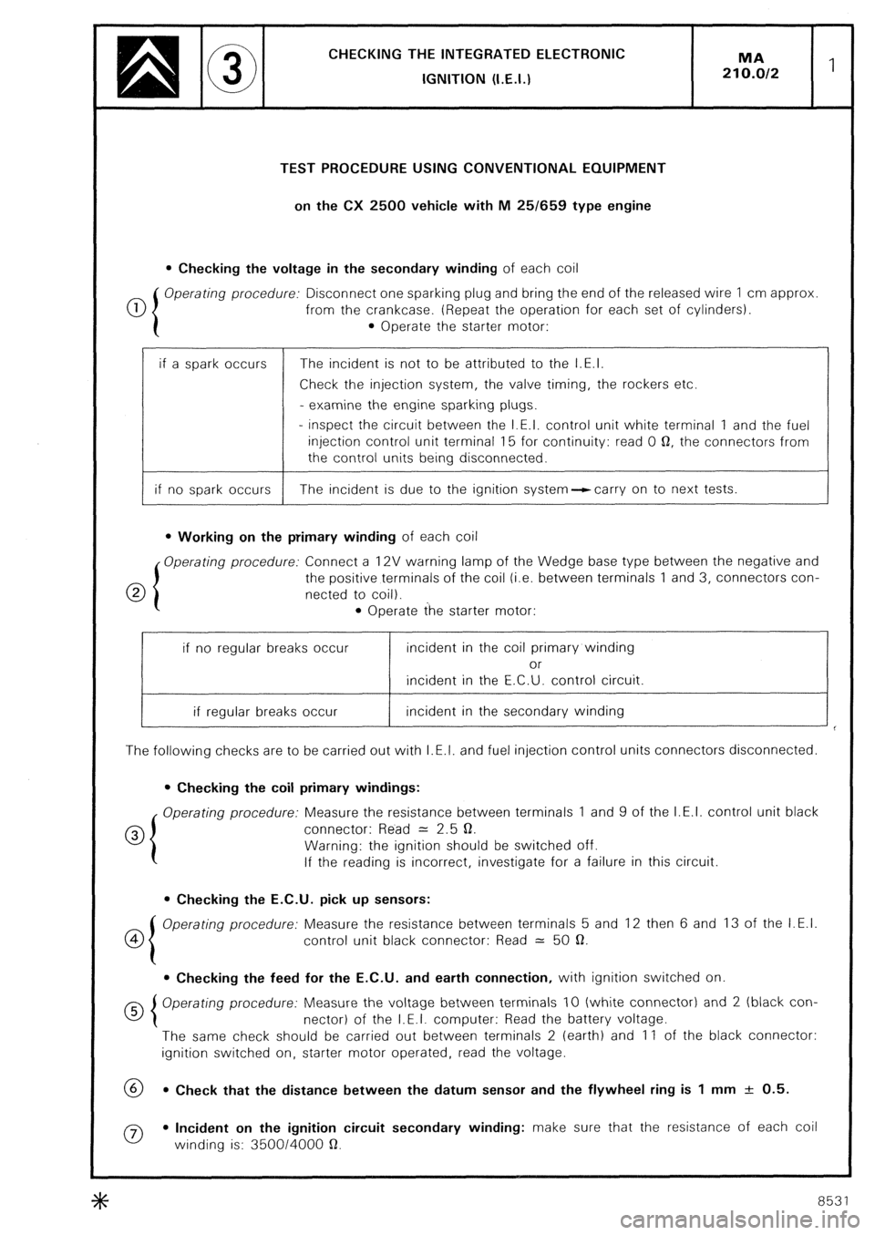 CITROEN CX 1988  Service Manual CHECKING THE INTEGRATED ELECTRONlC 
IGNITION (I.E.I.) 
TEST PROCEDURE USING CONVENTIONAL EQUIPMENT 
on the CX 2500 vehicle with M 25/659 type engine 
l Checking the voltage in the secondary winding of