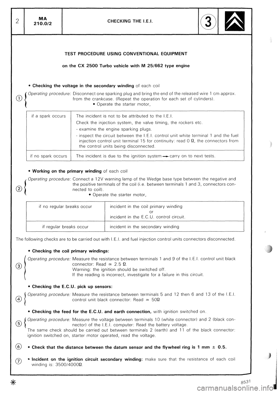 CITROEN CX 1988  Service Manual CHECKING THE I.E.I. 
TEST PROCEDURE USING CONVENTIONAL EQUIPMENT 
on the CX 2500 Turbo vehicle with M 25/662 type engine 
0 Checking the voltage in the secondary winding of each coil 
0 Operating proc