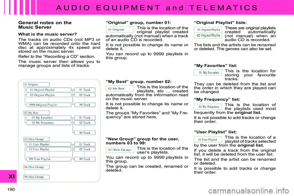 CITROEN C CROSSER DAG 2009  Owners Manual A U D I O   E Q U I P M E N T   a n d   T E L E M A T I C S
XI
190 
  General notes on the 
Music Server  
  What is the music server?  
 The  tracks  on  audio  CDs  (not  MP3  or  
WMA)  can  be  re
