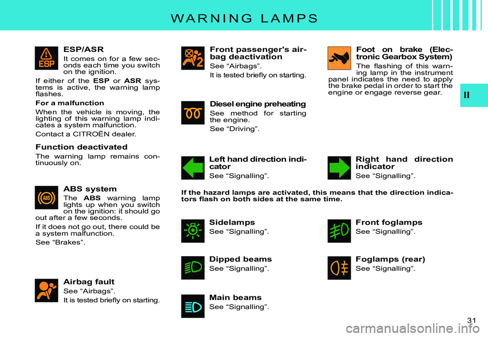 CITROEN C3 PLURIEL 2007  Owners Manual II
�3�1� 
ESP/ASR
It  comes  on  for  a  few  sec-onds each time you switch on the ignition.
If  either  of  the ESP  or ASR  sys-tems  is  active,  the  warning  lamp �ﬂ� �a�s�h�e�s�.
For a malfunc