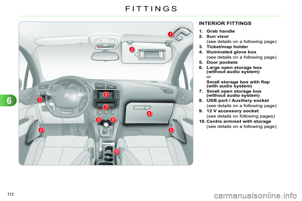 CITROEN C4 DAG 2013  Owners Manual 6
FITTINGS
112 
   
 
 
 
 
 
 
 
 
 
 
 
 
 
 
 
 
INTERIOR FITTINGS 
 
 
 
1. 
  Grab handle 
 
   
2. 
  Sun visor 
   
  (see details on a following page) 
   
3. 
  Ticket/map holder 
 
   
4. 
 
