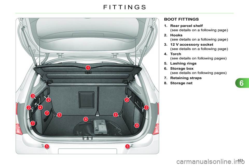CITROEN C4 DAG 2013  Owners Manual 6
FITTINGS
121 
   
 
 
 
 
 
 
 
 
 
 
 
 
 
 
 
 
BOOT FITTINGS 
 
 
 
1. 
  Rear parcel shelf 
 
 
  (see details on a following page) 
   
2. 
  Hooks 
 
 
  (see details on a following page) 
   