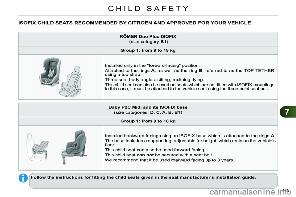 CITROEN C4 DAG 2013  Owners Manual 7
CHILD SAFETY
135 
   
 
 
 
 
 
 
 
 
 
 
 
 
 
 
ISOFIX CHILD SEATS RECOMMENDED BY CITROËN AND APPROVED FOR YOUR VEHICLE  
 
 
 
RÖMER 
  Duo Plus ISOFIX 
   
 (size category  B1 
)  
   
 
Group