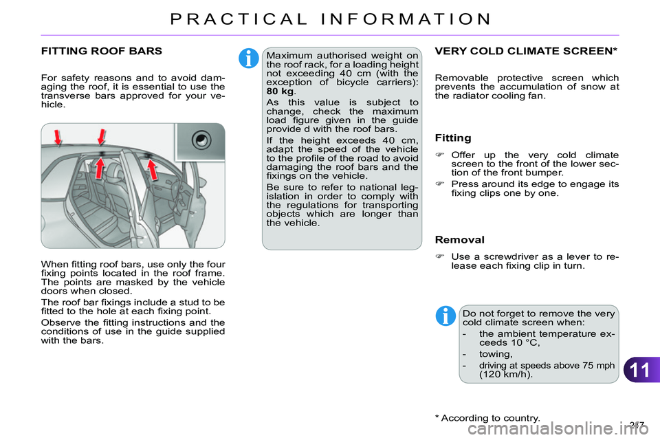 CITROEN C4 DAG 2013  Owners Manual 11
PRACTICAL INFORMATION
217 
   
 
 
 
 
 
 
 
VERY COLD CLIMATE SCREEN *  
 
 
*   According to country.  
 
 
Fitting 
 
 
 
 
 Offer up the very cold climate 
screen to the front of the lower s