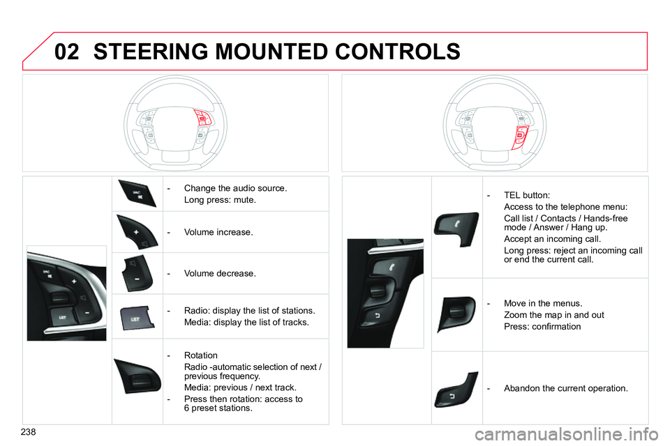 CITROEN C4 DAG 2013  Owners Manual 02
238
  STEERING MOUNTED CONTROLS 
 
 
   
 
-   Change the audio source.  
  Long press: mute.  
   
 
-  Volume increase.  
   
 
-  Volume decrease.  
   
 
-   Radio: display the list of stations