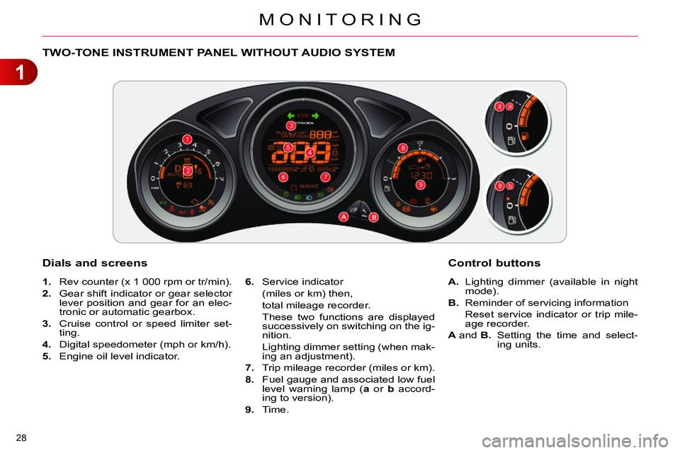 CITROEN C4 DAG 2013  Owners Manual 1
MONITORING
28 
   
 
 
 
 
 
 
 
 
 
 
 
 
 
 
 
 
TWO-TONE INSTRUMENT PANEL WITHOUT AUDIO SYSTEM 
   
Dials and screens 
 
 
 
1. 
  Rev counter (x 1 000 rpm or tr/min). 
   
2. 
  Gear shift indic