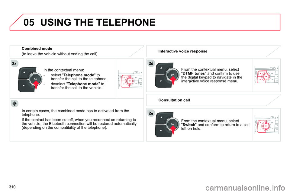 CITROEN C4 DAG 2013  Owners Manual  
05
310   
In the contextual menu: 
   
 
-  select " Telephone mode 
" to 
transfer the call to the telephone. 
   
-  deselect " Telephone mode 
" to 
transfer the call to the vehicle.  
 
   
In c