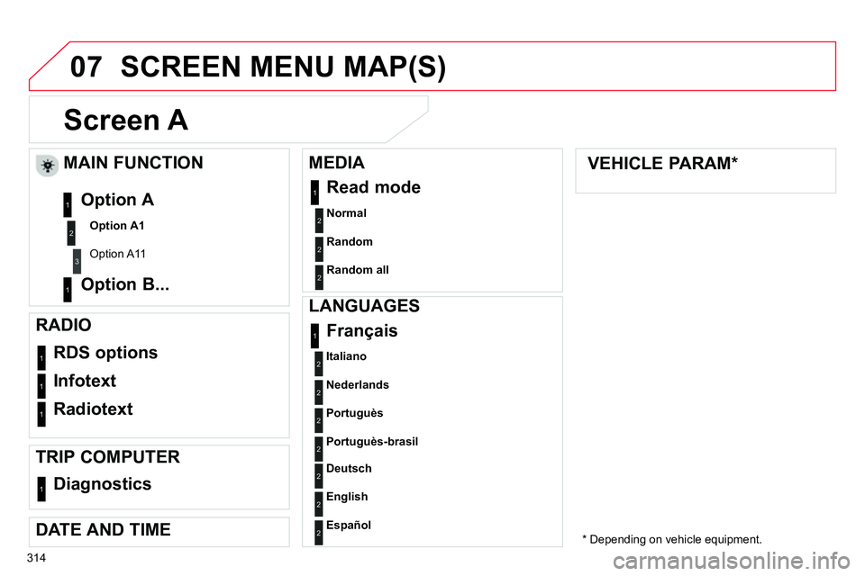 CITROEN C4 DAG 2013  Owners Manual 07
314
   
 
 
 
 
 
 
 
Screen A 
 
 
 
Normal 
 2
 
RDS options 1
 
Infotext 1
 
Radiotext  1
 
Français 1
 
 
 
 
 
 
 
 
MAIN FUNCTION 
 
 
 
Option A1 
 
  Option A11  
 
 
Option A 
   
Option 